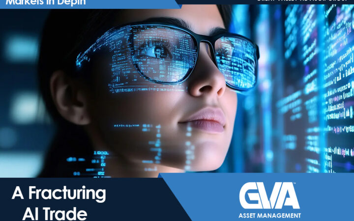 Close-up of a person wearing glasses with blue code reflected in the lenses, symbolizing AI and data analysis.