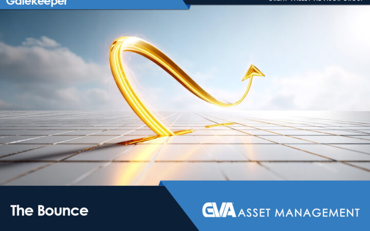 Gold glowing curved arrow bending upward from a tiled surface, symbolizing growth, with Gatekeeper and GVA Asset Management branding.