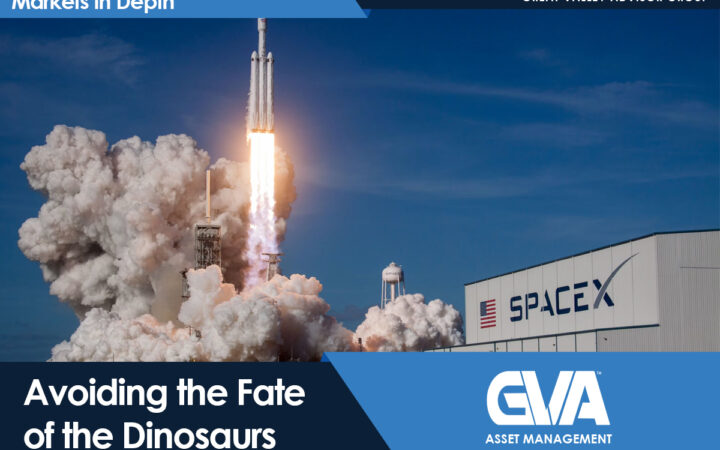 Rocket launch at SpaceX with a blazing plume; article title reads 'Avoiding the Fate of the Dinosaurs' with branding for GVA Asset Management and Markets In Depth.