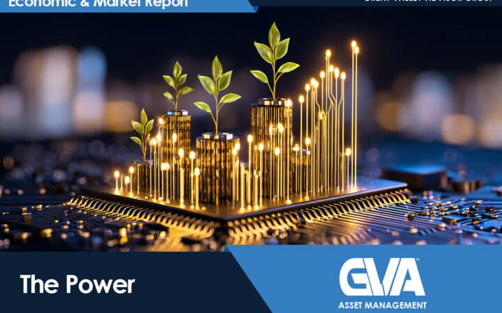 Cover image for Economic & Market Report: seedlings sprouting from microchips with a glowing city in the background; GVA Asset Management logo present?
