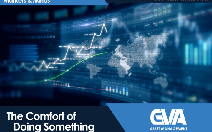 Marketing banner with blue theme, featuring a rising line graph and world map, plus 'The Comfort of Doing Something' and GVA Asset Management branding.