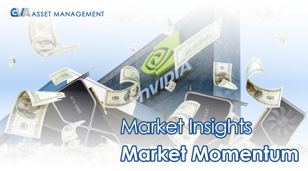Hero banner for asset management with cash raining over GPUs and a building bearing a logo, and the headline 'Market Insights Market Momentum'.