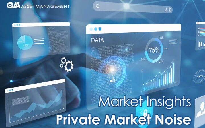 Branding: EVA Asset Management with futuristic data dashboards and charts showing market insights visuals and the title 'Market Insights: Private Market Noise' in bold blue text