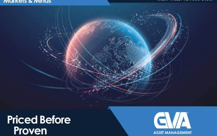 Digital globe with orbit rings on a dark blue background, overlaid with 'Priced Before Proven' and branding from Markets & Minds and GVA Asset Management.