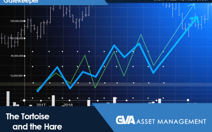 Promotional banner with stock chart lines (blue and green) and branding: Gatekeeper at top left, Great Valley Advisor Group at top right, and The Tortoise and the Hare with GVA Asset Management logo in the bottom band.
